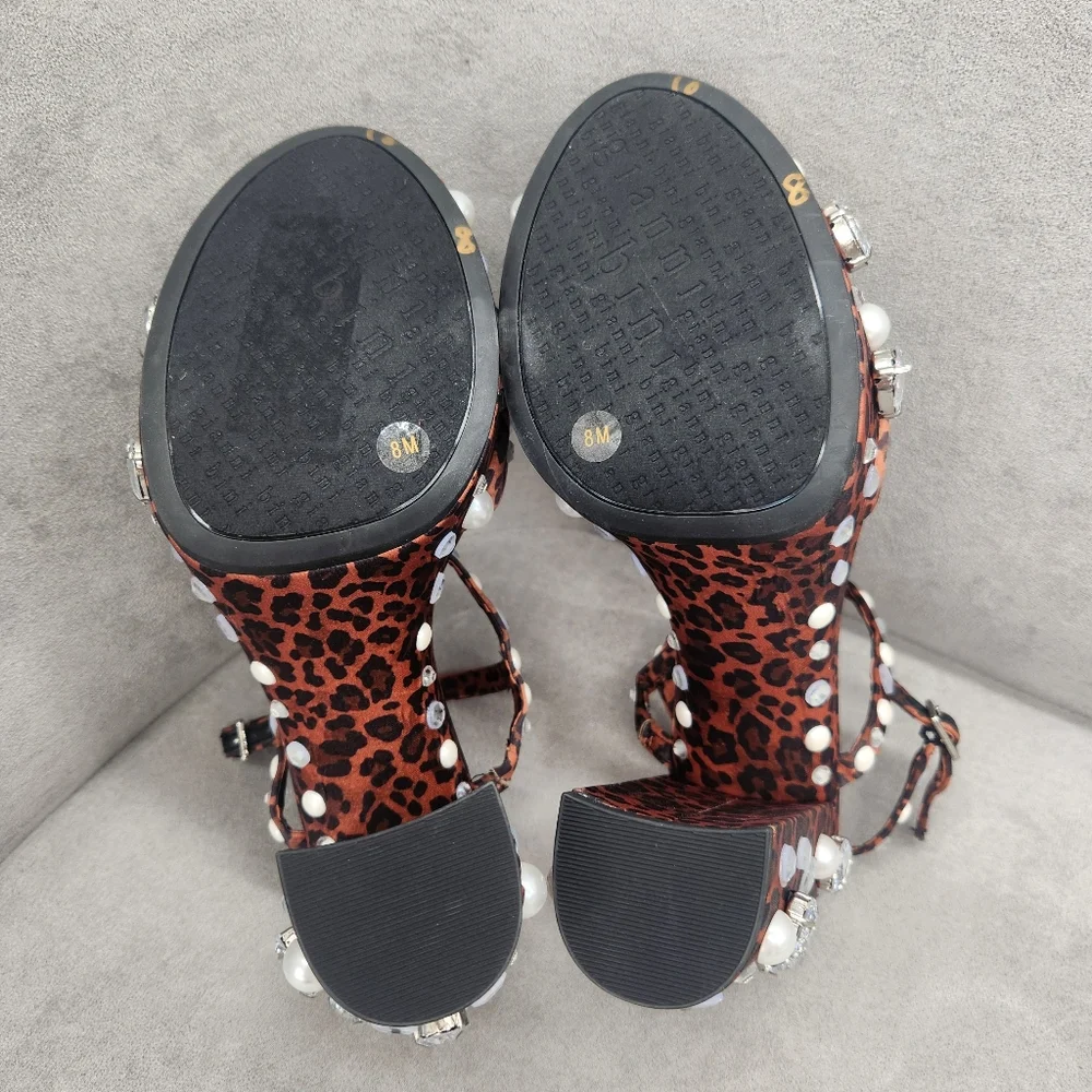 Gianni Bini Platform Sandals 8 Brown Leopard Satin Calvan Two Jeweled New $150 - Picture 17 of 17